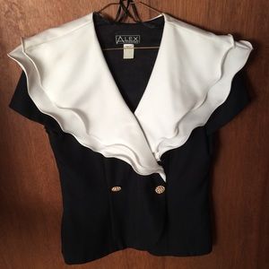 Vintage black top with wide white ruffled collar